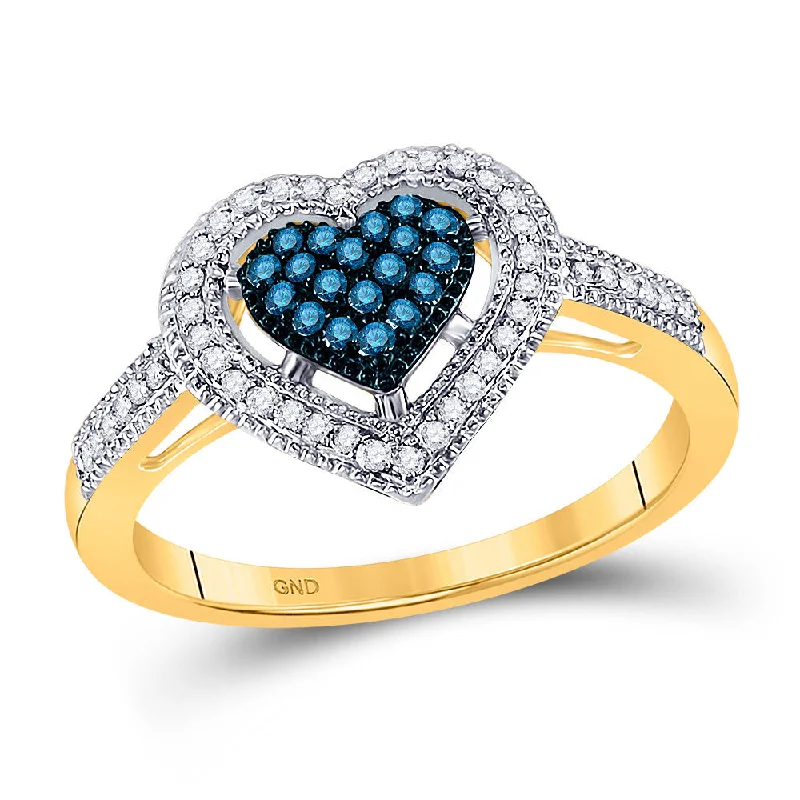 Old cast ring-10kt Yellow Gold Womens Round Blue Color Enhanced Diamond Framed Heart Ring 1/4 Cttw