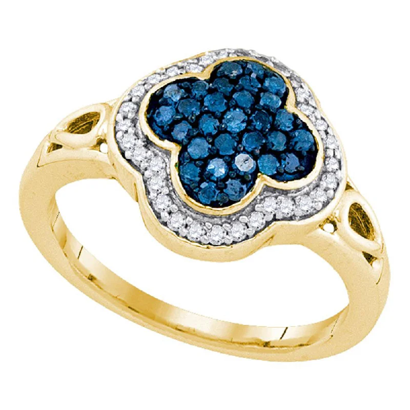 Antique twist ring-10kt Yellow Gold Womens Round Blue Color Enhanced Diamond Quatrefoil Cluster Ring 1/2 Cttw