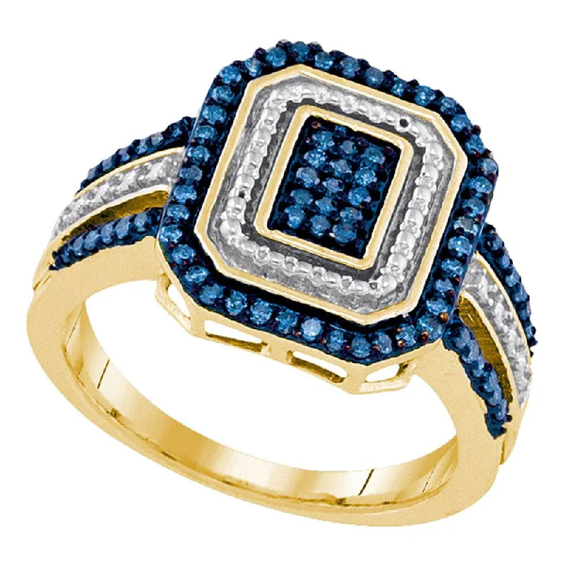 Minoan band ring-10kt Yellow Gold Womens Round Blue Color Enhanced Diamond Rectangle Cluster Ring 1/3 Cttw