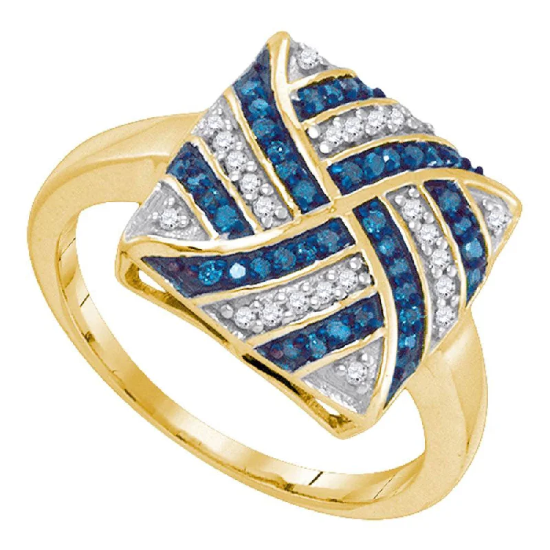 Polished finish ring-10kt Yellow Gold Womens Round Blue Color Enhanced Diamond Square Ring 1/4 Cttw