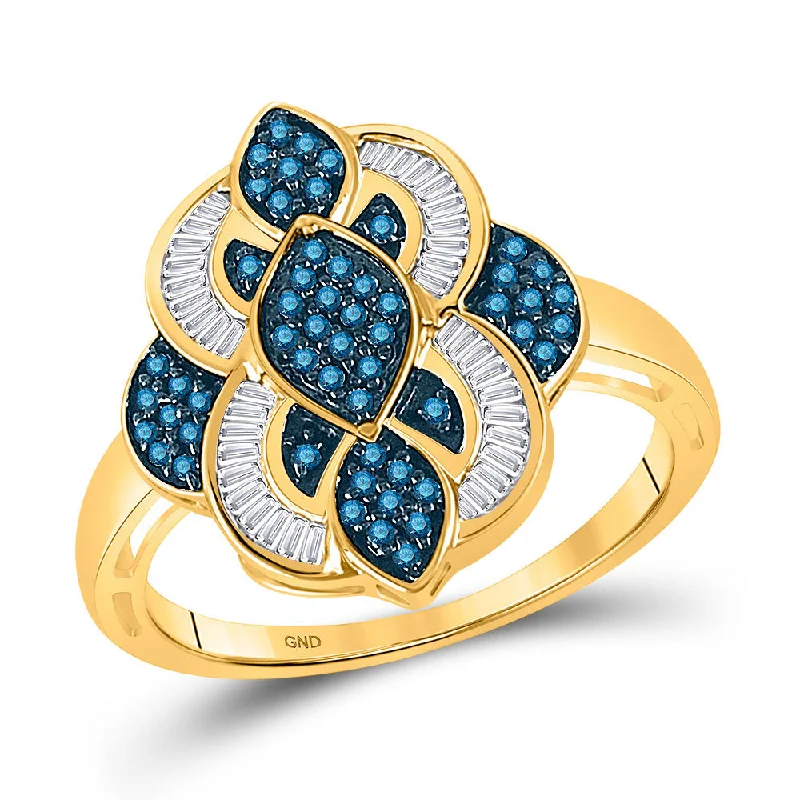 Overlaid layer ring-10kt Yellow Gold Womens Round Blue Color Enhanced Diamond Wide Fashion Ring 1/2 Cttw