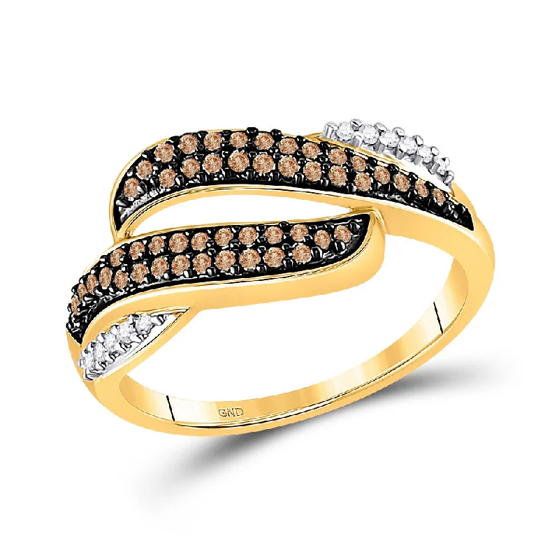 Bamboo braid ring-10kt Yellow Gold Womens Round Brown Diamond Band Ring 1/3 Cttw