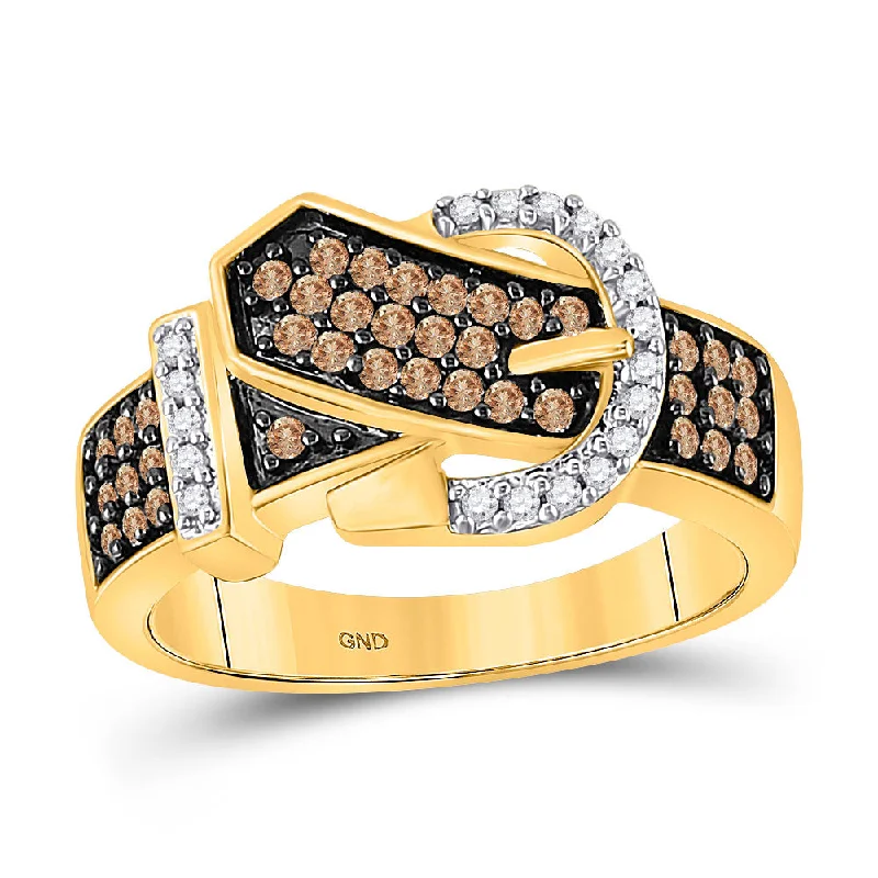 Smooth edge ring-10kt Yellow Gold Womens Round Brown Diamond Belt Buckle Band Ring 1/2 Cttw