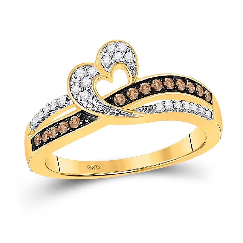 Blended texture ring-10kt Yellow Gold Womens Round Brown Diamond Heart Ring 1/4 Cttw