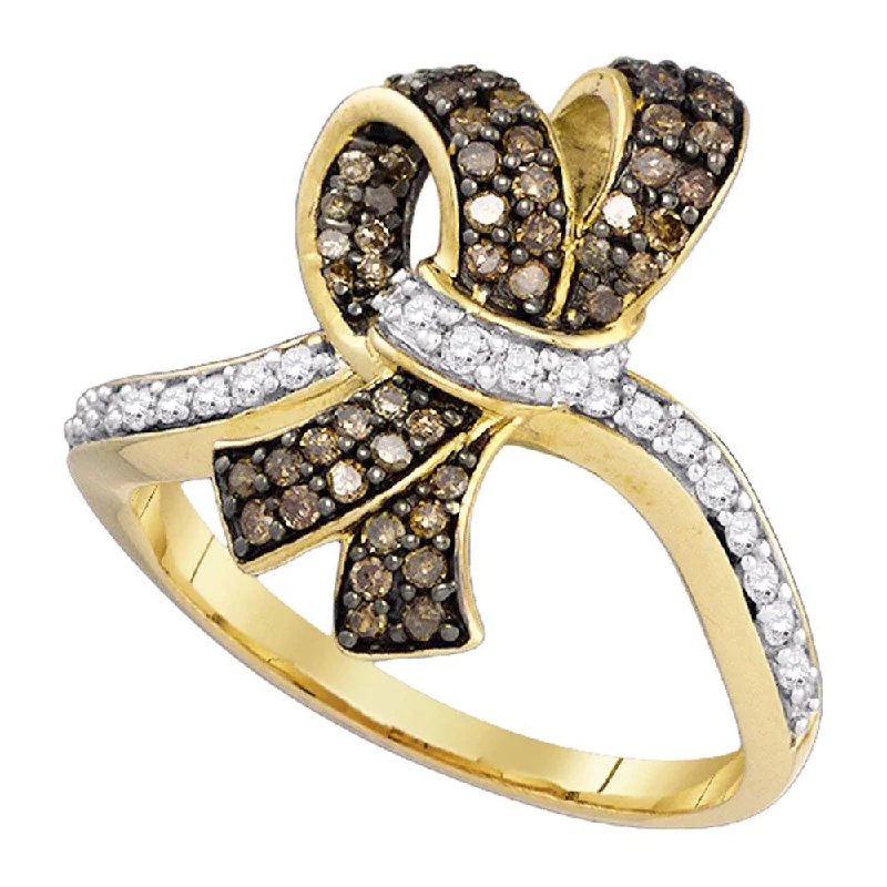 Seven-knot ring-10kt Yellow Gold Womens Round Brown Diamond Knot Bow Ring 1/2 Cttw