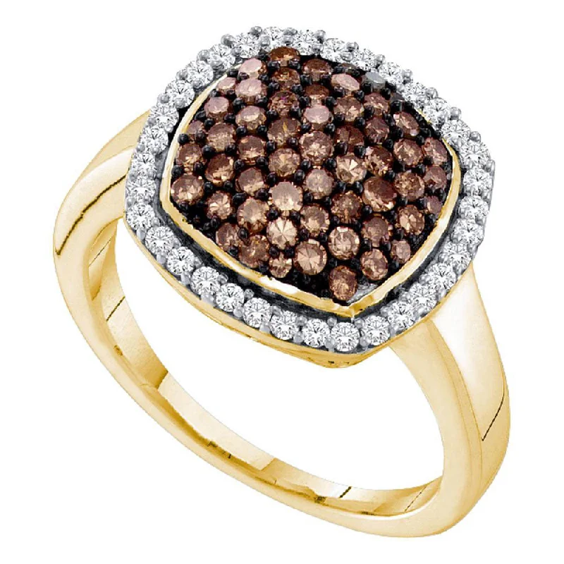 Pivot gem ring-10kt Yellow Gold Womens Round Brown Diamond Square Cluster Ring 1 Cttw