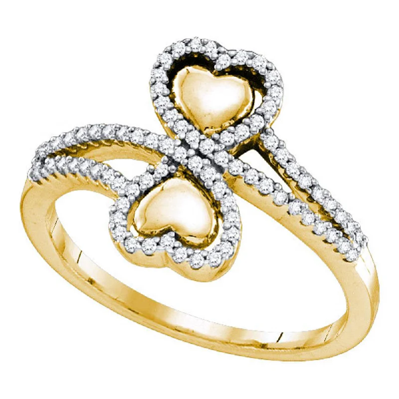 Antique twist ring-10kt Yellow Gold Womens Round Diamond Double Heart Bypass Ring 1/4 Cttw