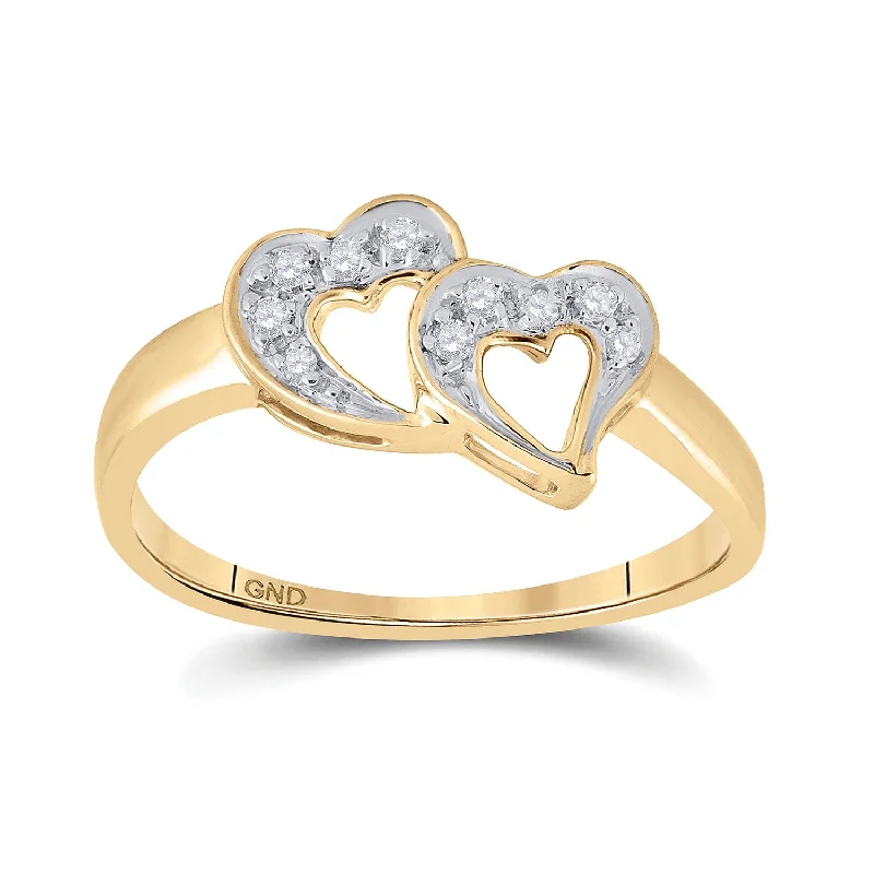 Folk artisan ring-10kt Yellow Gold Womens Round Diamond Double Heart Ring 1/20 Cttw