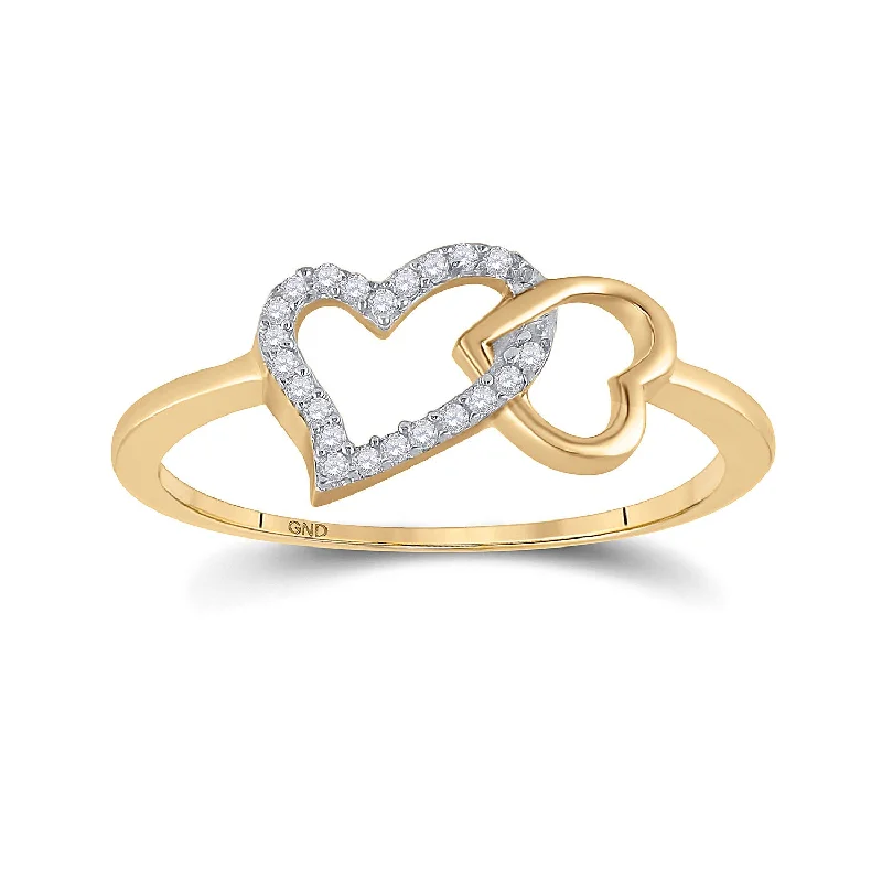 Pocked edge ring-10kt Yellow Gold Womens Round Diamond Double Heart Ring 1/20 Cttw