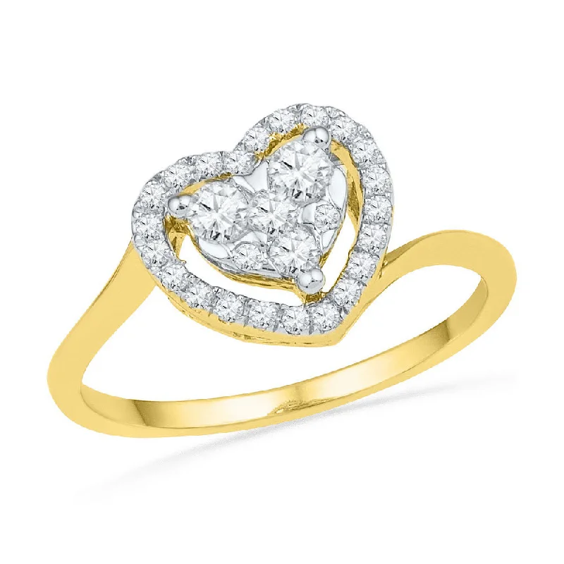 Soft check ring-10kt Yellow Gold Womens Round Diamond Framed Heart Cluster Ring 1/3 Cttw