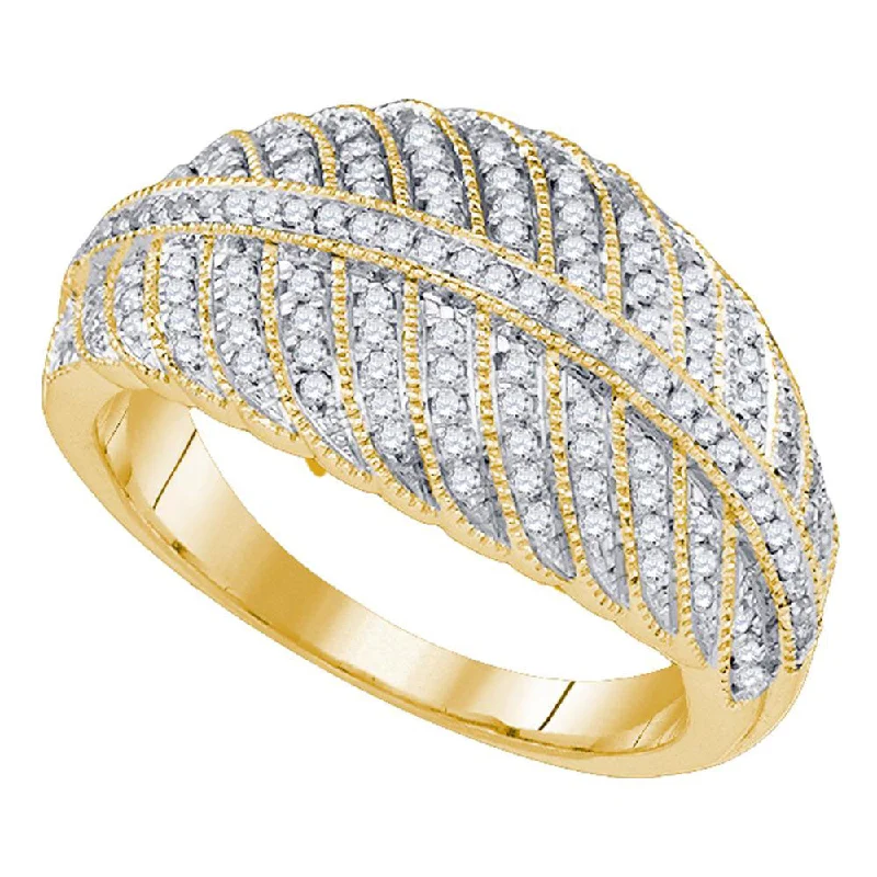 Linen weave ring-10kt Yellow Gold Womens Round Diamond Milgrain Striped Band Ring 3/8 Cttw