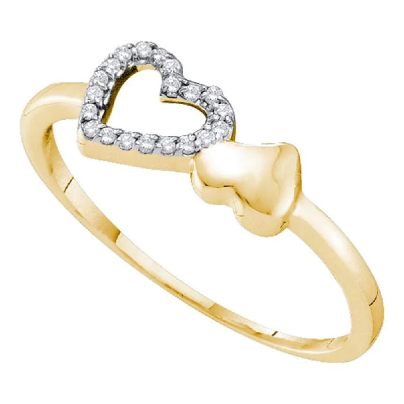 Lined gem ring-10kt Yellow Gold Womens Round Diamond Sloender Double Heart Ring 1/20 Cttw