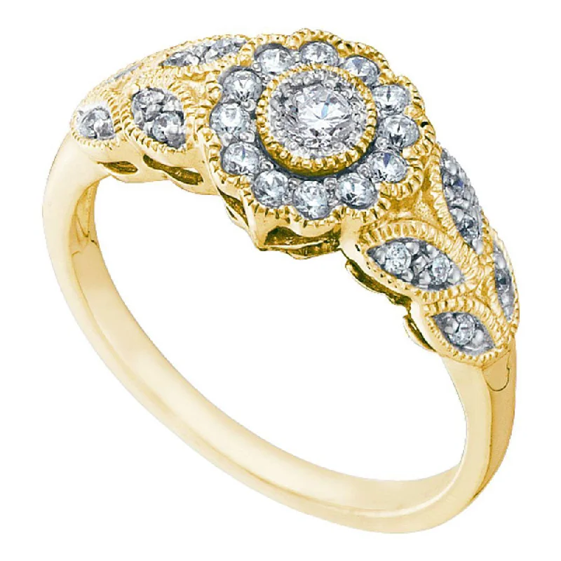 Blended texture ring-10kt Yellow Gold Womens Round Diamond Solitaire Floral Cluster Milgrain Ring 1/3 Cttw