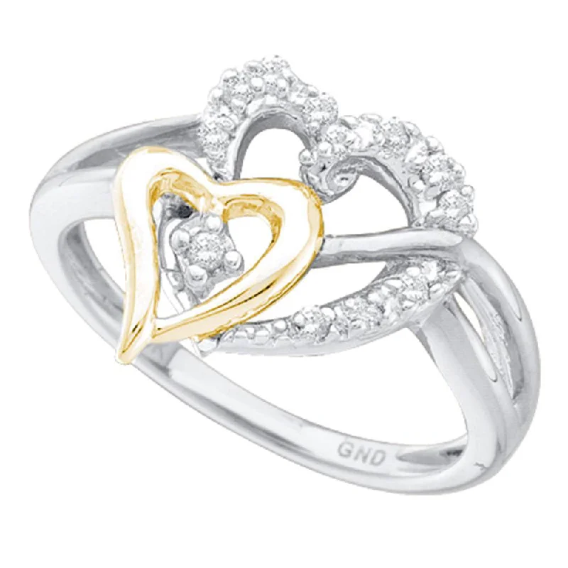 Coiled sprig ring-10kt Yellow Gold Womens Round Diamond Two-tone Double Heart Ring 1/10 Cttw