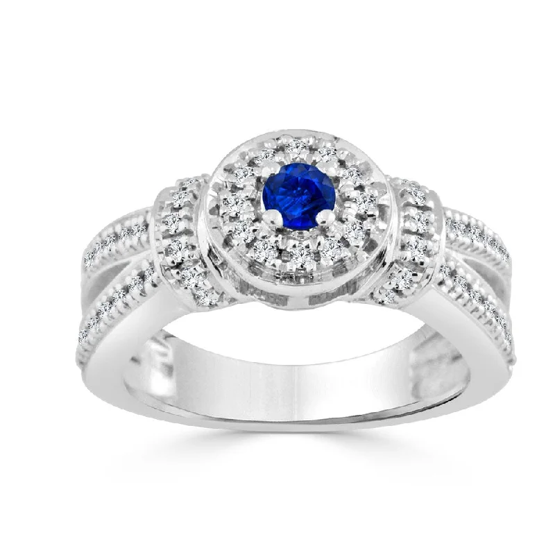 Tiered stone ring-14k Gold 1/6ct Blue Sapphire and 2/5ct TDW Diamond Halo Engagement Ring by Auriya