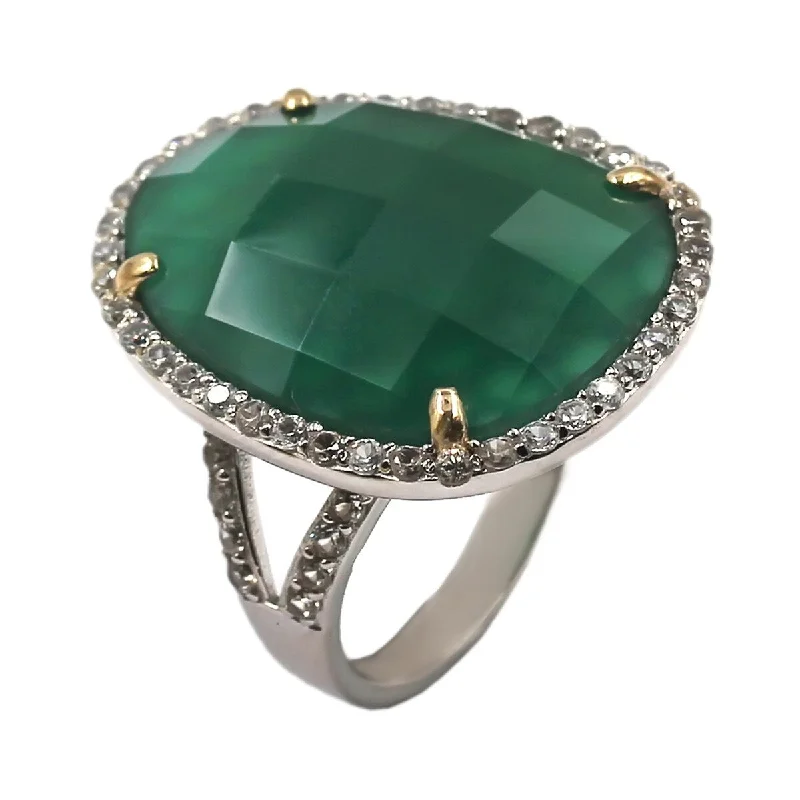 Crimped rim ring-14k Gold and Sterling Silver Green Agate and Zircon Ring