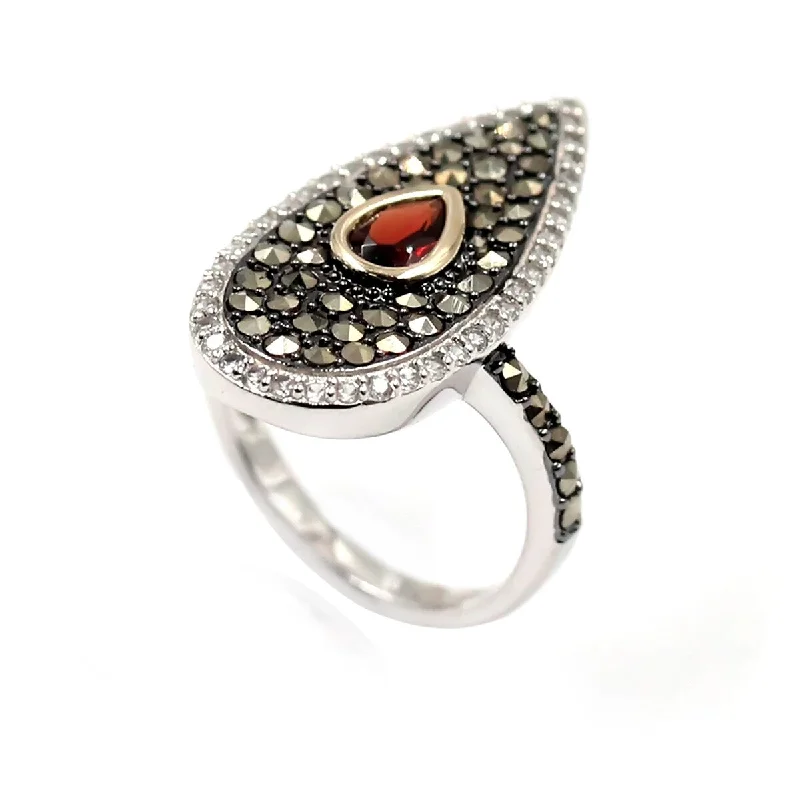 Vintage cut ring-14k Gold and Sterling Silver Red Garnet and Marcasite Ring