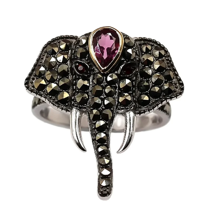 Pine husk ring-14k Gold and Sterling Silver Red Garnet and Marcasite Ring