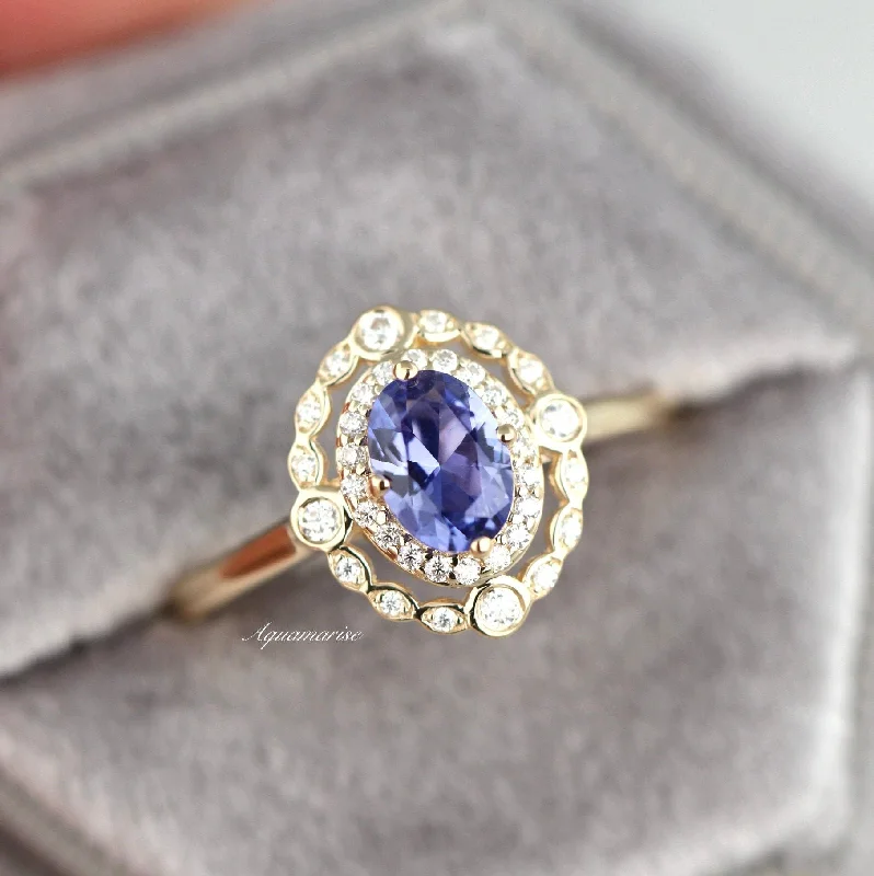 Notched edge ring-Valentina Natural Tanzanite Engagement Ring- 10K/14K/18K Solid Yellow Gold