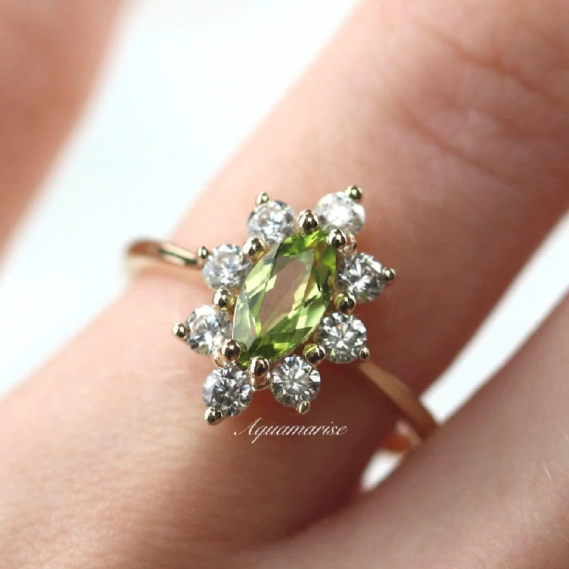 Mystic glow ring-Marquise Natural Peridot Engagement Ring- 14K Solid Yellow Gold