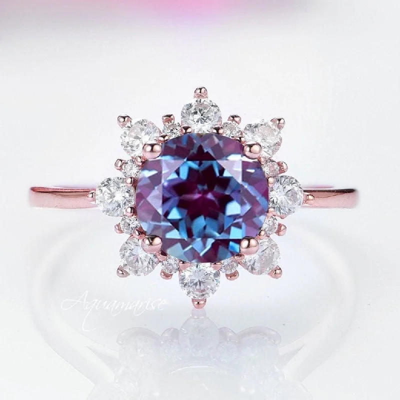 Edwardian bend ring-Snowflake Teal & Purple Alexandrite Engagement Ring- 14K Solid Rose Gold