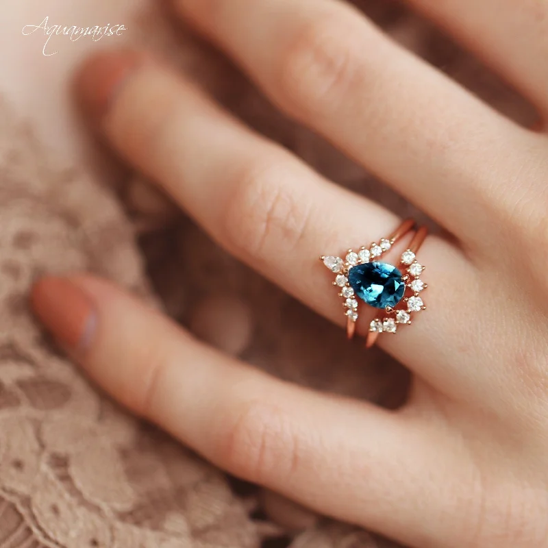 Crimped rim ring-Lunette Natural London Blue Topaz Engagement Ring Set- 14K Solid Rose Gold