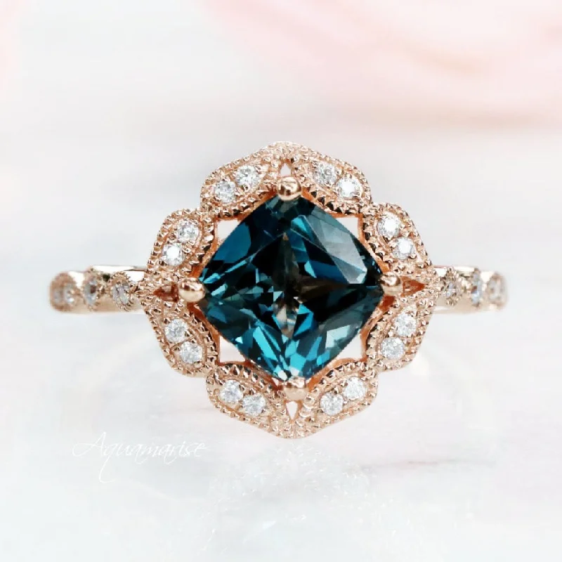 Flex clasp ring-Luxe Cushion Cut Natural London Blue Topaz Engagement Ring- 14K Solid Rose Gold