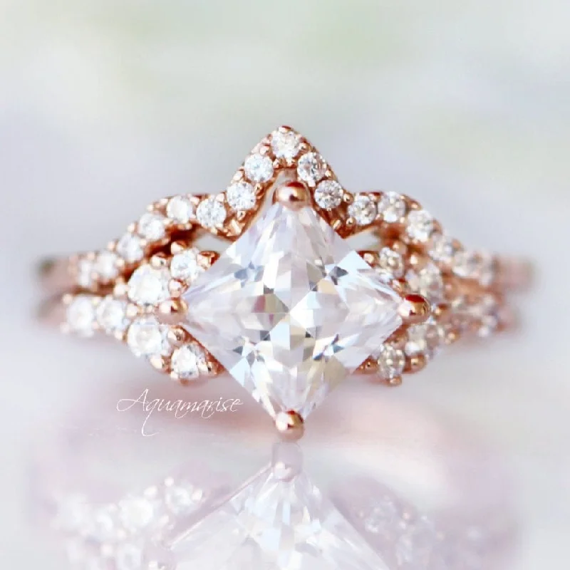 Steel band ring-Ellie Princess Cut Moissanite Engagement Ring Set- 14K Solid Rose Gold