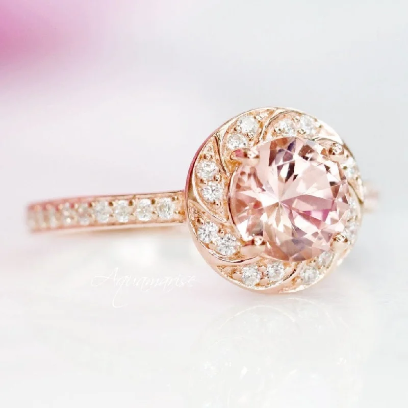 Scythian gold ring-Twisted Halo Morganite Engagement Ring- 14K Solid Rose Gold