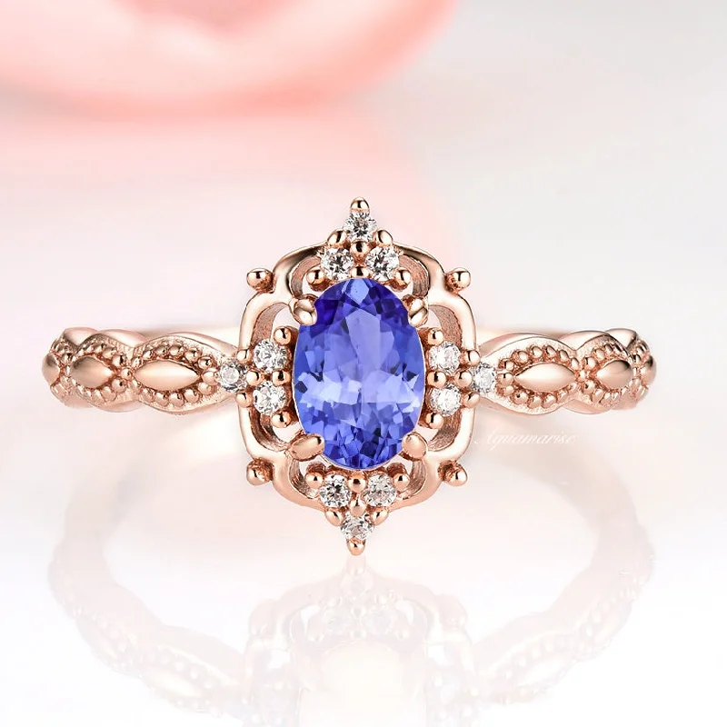 Pine sprig ring-Claire Vintage Natural Tanzanite Engagement Ring- 14K Solid Rose Gold