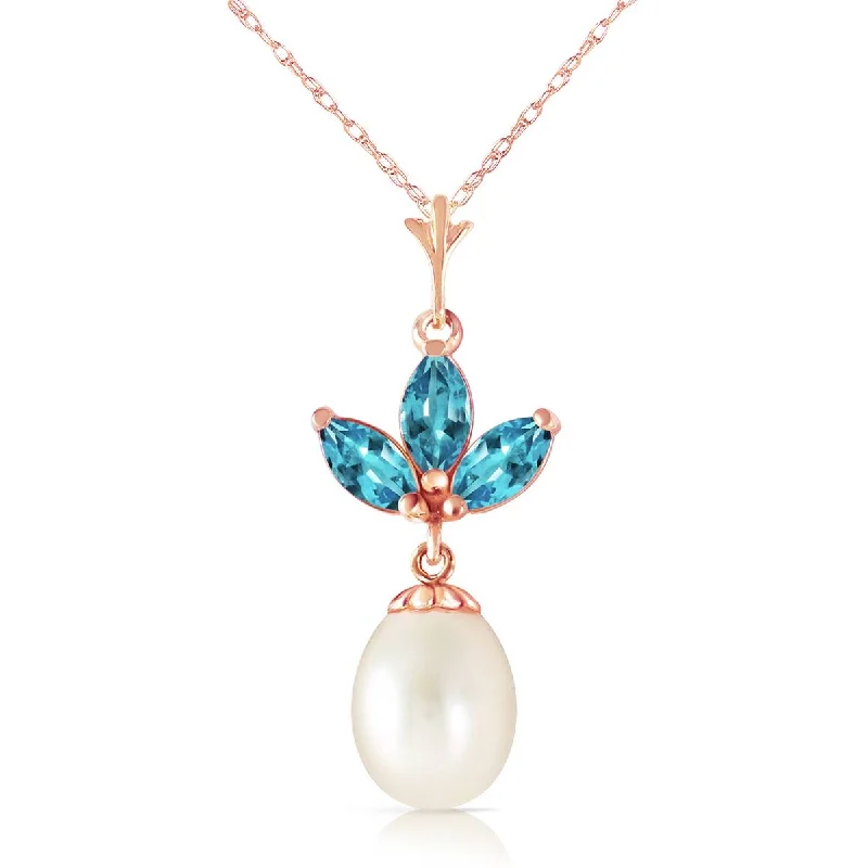 Check band necklace-14K Solid Rose Gold Necklace w/ Pearl & Blue Topaz