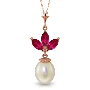 Twin stone necklace-14K Solid Rose Gold Necklace w/ Pearl & Rubies