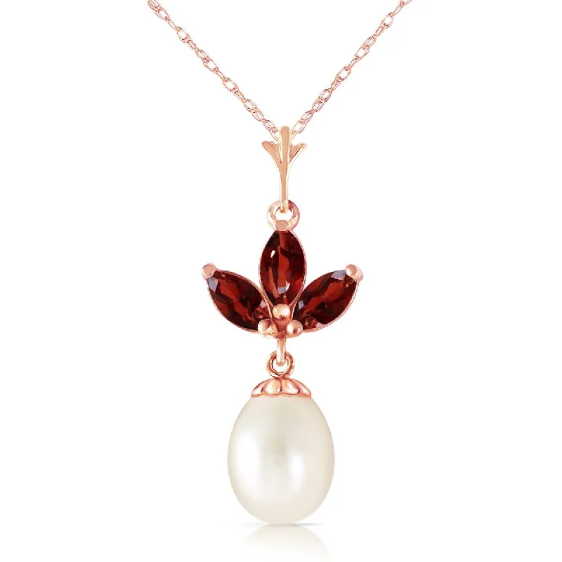 Raw gem necklace-14K Solid Rose Gold Pearl & Garnet Necklace Jewelry