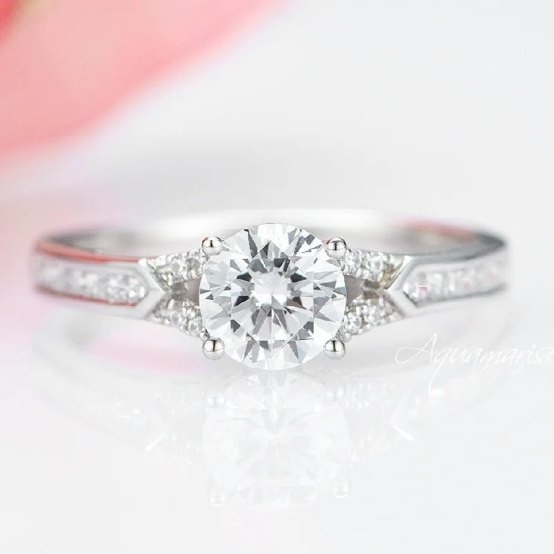 Ragged edge ring-Round Cut Moissanite Engagement Ring- 14K White Gold