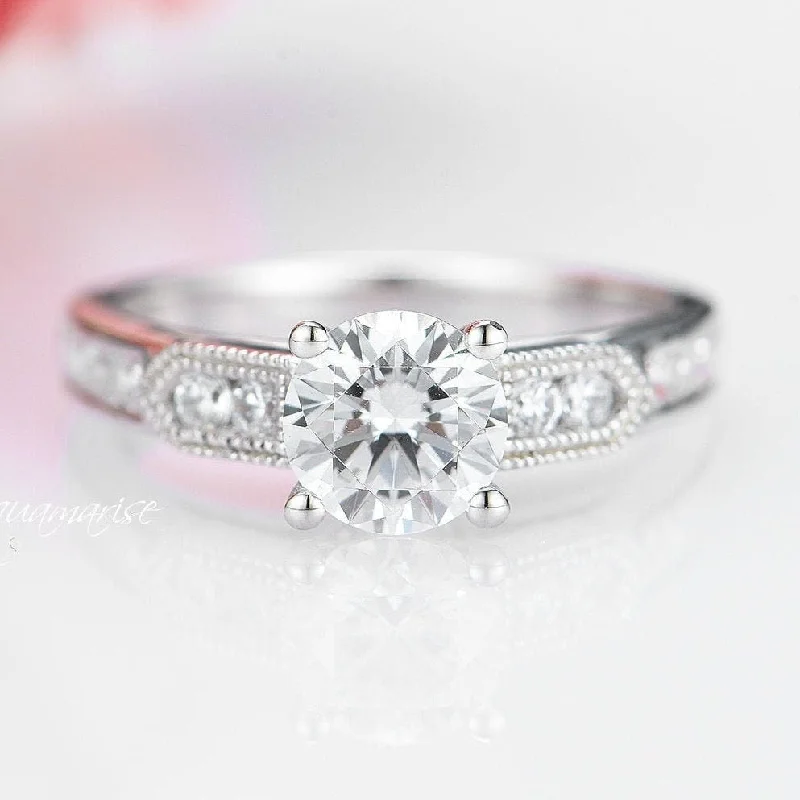 Copper forged ring-Round Cut Moissanite Engagement Ring- 14K White Gold Ring