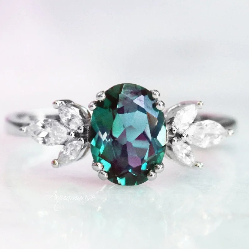 Nonagon gem ring-Eva Alexandrite Engagement Ring- 14K White Gold Alexandrite Ring