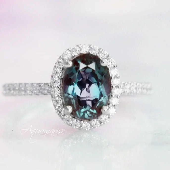 Wavy edge ring-Iris Teal & Purple Oval Alexandrite Engagement Ring- 14K White Gold