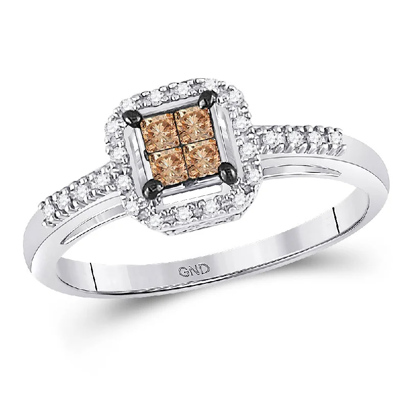 Oval zircon ring-14kt White Gold Womens Princess Brown Diamond Square Cluster Ring 1/4 Cttw