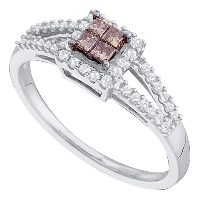 Silk band ring-14kt White Gold Womens Princess Brown Diamond Square Fashion Ring 1/3 Cttw