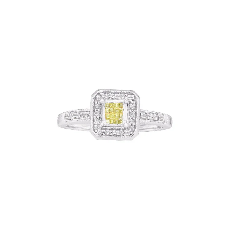 Sepia garnet ring-14kt White Gold Womens Princess Yellow Color Enhanced Diamond Square Cluster Ring 1/4 Cttw