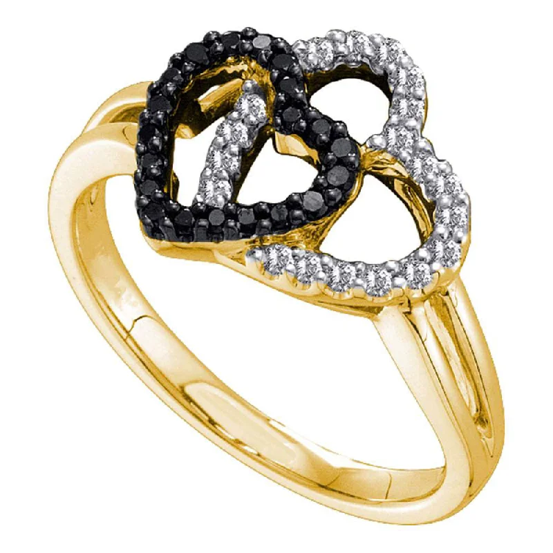 Kite opal ring-14kt Yellow Gold Womens Round Black Color Enhanced Diamond Heart Ring 1/4 Cttw