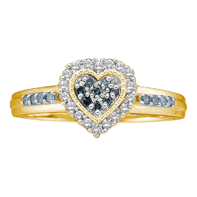 Subtle twist ring-14kt Yellow Gold Womens Round Blue Color Enhanced Diamond Heart Cluster Ring 1/4 Cttw