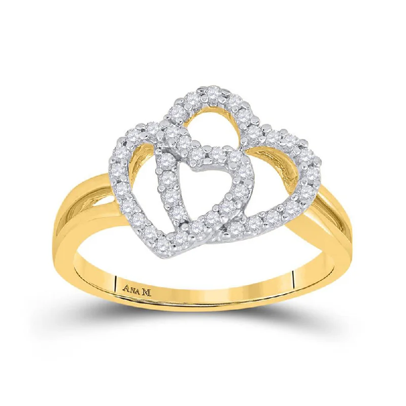 Smooth edge ring-14kt Yellow Gold Womens Round Diamond Double Heart Ring 1/4 Cttw