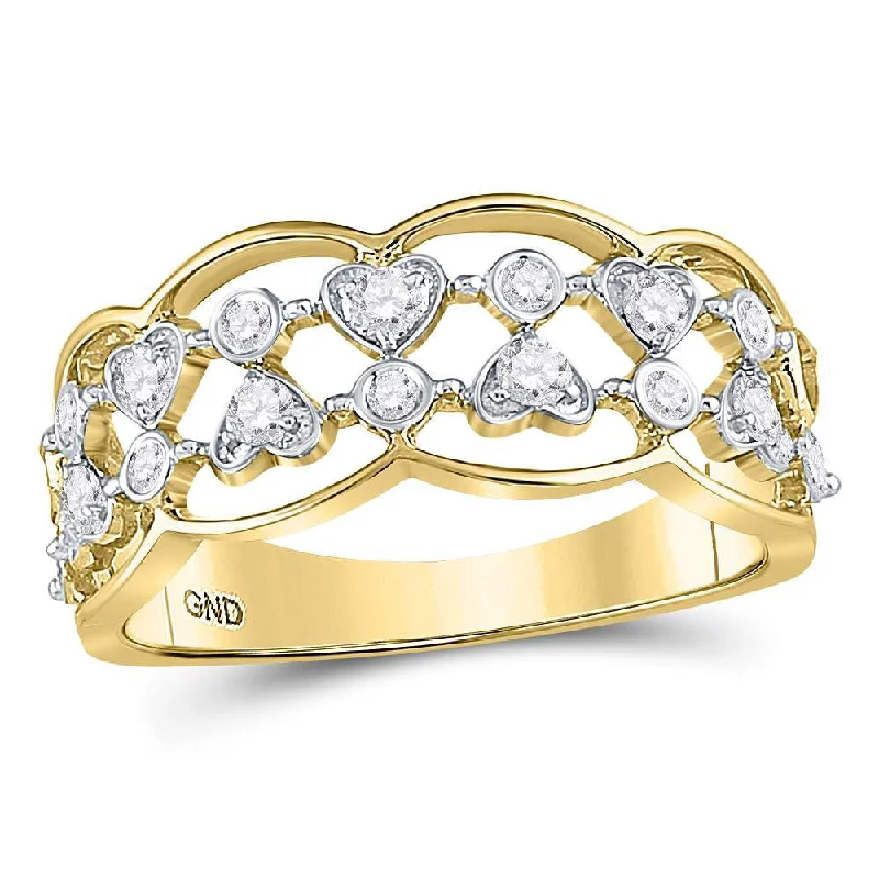 Raw gem ring-14kt Yellow Gold Womens Round Diamond Double Row Heart Dot Band Ring 1/3 Cttw