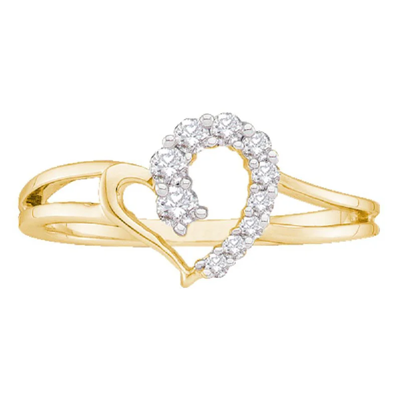 Rippled shank ring-14kt Yellow Gold Womens Round Diamond Split-shank Simple Heart Ring 1/5 Cttw