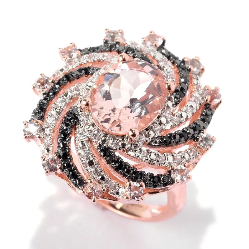 Toasted timber ring-18K Rose Vermeil 2.9Ctw Morganite, Black Spinel & White Zircon Swirl Ring