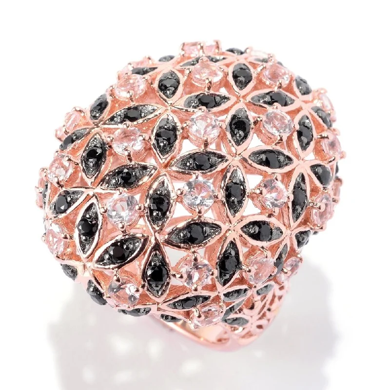 Minoan band ring-18K Rose Vermeil 3.5Ctw Morganite & Black Spinel Flower Dome Ring Size - 6