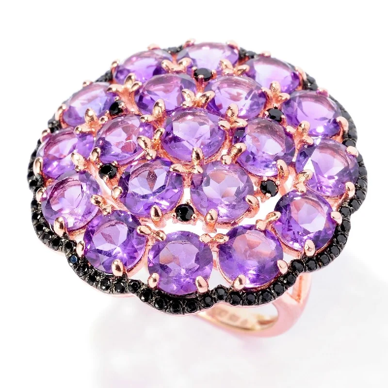 Rose flower ring-18K Rose Vermeil 9.26Ctw Amethyst & Black Spinel Cluster Cocktail Ring