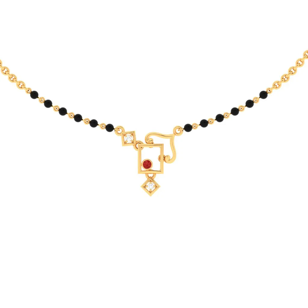 Blended texture necklace-18k Square Shaped Diamond Mangalsutra With Red Stone