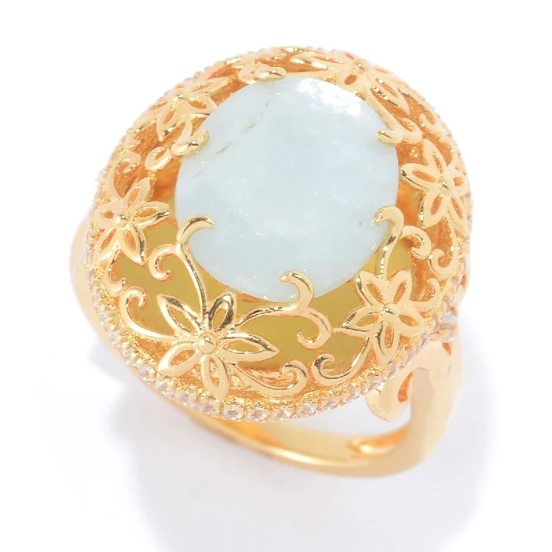 Briolette ruby ring-18K Yello Vermeil Oval Milky Aquamarine & White Zircon Flower Ring